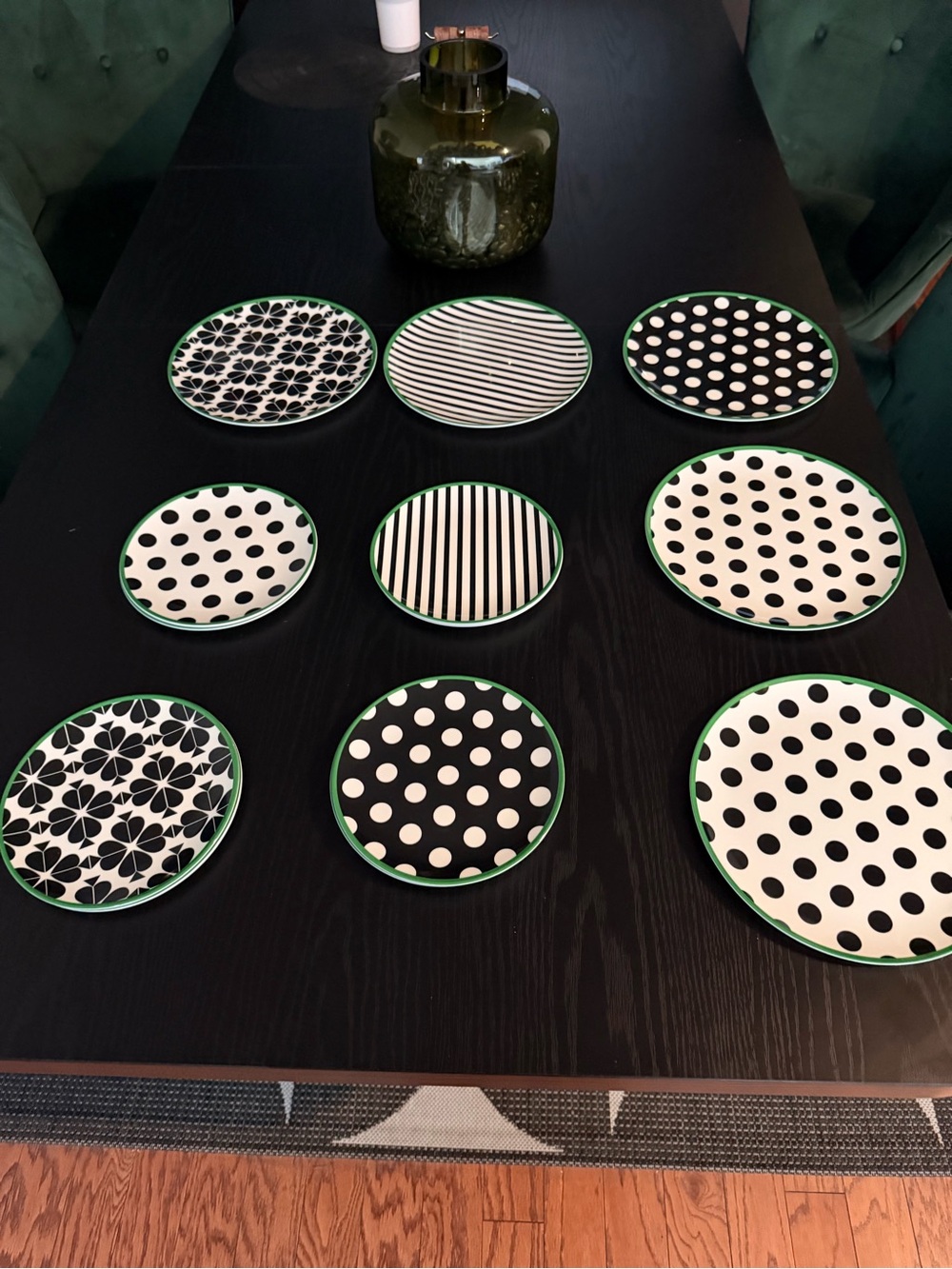 Polka & Stripe Black and White Decorative Coaster Set with Green Trim